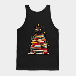 Black Cat Bookworm Christmas Tree Books Tank Top